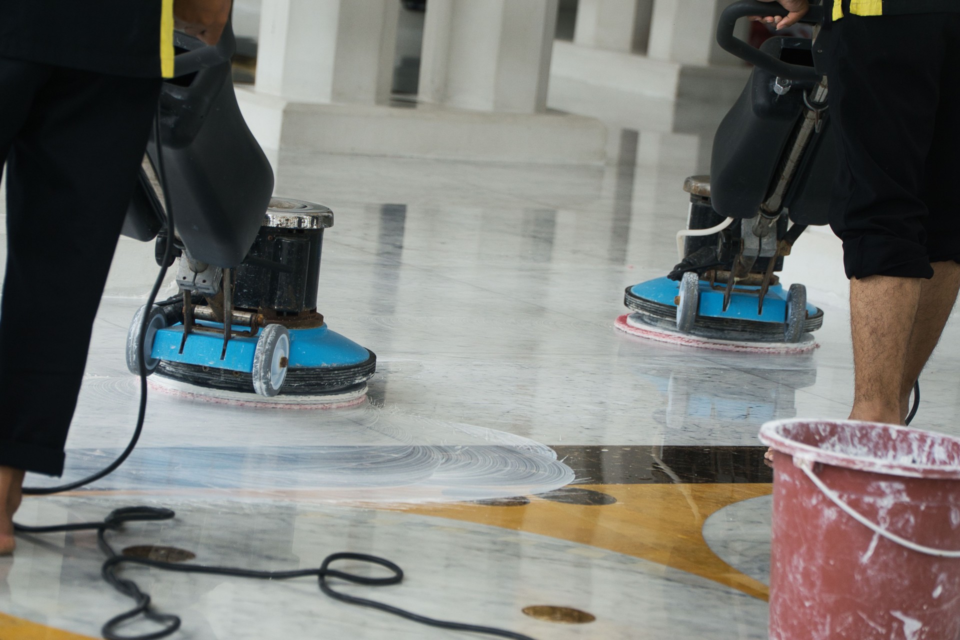 Professional Floor Cleaning Using Buffing Machines in an Indoor Setting